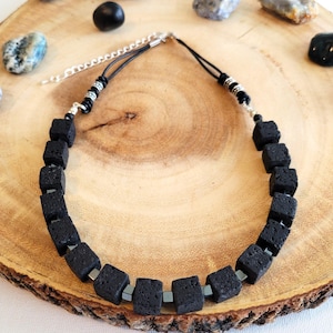 Lava stone necklace, Cube stone necklace, Hematite cube, gemstone leather cord, black cube necklace, energy jewelry, gift idea