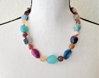 Colorful Gemstone necklace, Agate Carnelian, Amethyst Amazonite, Green Aventurine, healing necklace, Gemstone jewelry, OOAK necklace