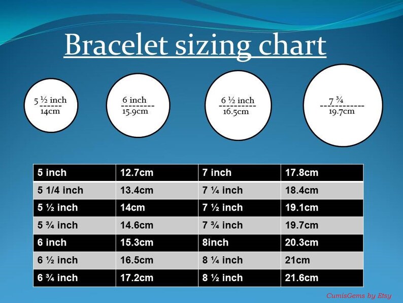 K&ouml;nnte beinhalten: Eine Tabelle mit den Gr&ouml;&szlig;en von Armb&auml;ndern in Zoll und Zentimetern. Die Tabelle listet Armbandgr&ouml;&szlig;en von 5 Zoll bis 8 1/2 Zoll mit den entsprechenden Ma&szlig;en in Zentimetern auf.