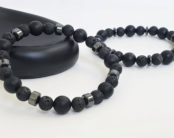 Herren Energie Armband, Armband Onyx matt, Armband Hämatit Lavastein Perlen, dehnbares Armband, Armband mit schwarzem Stein, Unisex-Armband