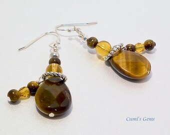 Tiger eye earrings, Zen earrings, Gemstone dangles, Stone Drop earrings , Statement jewelry, heal stone jewelry, Gift idea, pierced earrings