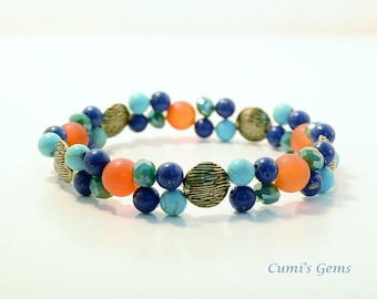 King Tut Edelstein, OOAK Armband, ägyptischen Pharaos, Tutankhamen, Karneol, Lapis, Stretch-elastische, Art, Geschenkidee, ethnischer Schmuck