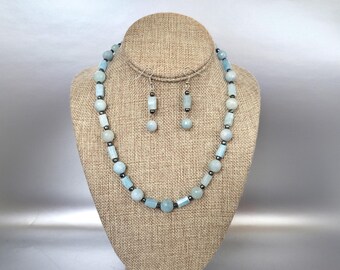 Aquamarine set, necklace earrings set, Healing stone, Hematite, jewelry set, Jewelry gift idea, baby blue stone, handmade jewelry