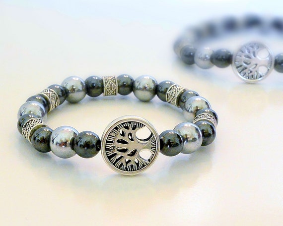 Tree of life bracelet, Hematite bracelet, unisex bracelet, energy gemstone, stretchy bracelet, elastic bracelet, beaded bracelet, gift idea