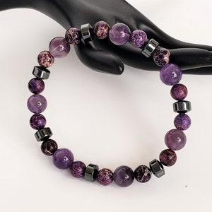 Men&#39;s bracelet, Amethyst bracelet, purple Jasper, beaded bracelet, stretchy bracelet, heal stone, energy gemstone, unisex bracelet