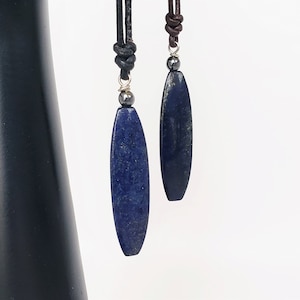 Unisex Lapis necklace, Lapis Lazuli, leather cord necklace, Talisman necklace, marquise triangular, long stick stone, Father&#39;s day gift