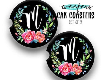 Sandstone Floral Initial Car Coaster, Car Accessories for her, Custom Auto Decor, Coaster, Cup Holder Coaster, Circle Monogram Car Coaster