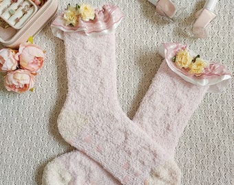 Princess Plush Fuzzy Grippy Crew Socks with Floral Details, and Lace and Ruffle Trim