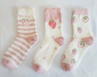 Strawberry Milk Plush Fluffy Crew Socks