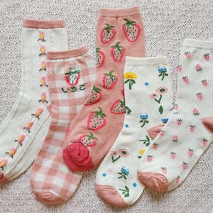 Kawaii Ichigo Fruit and Floral Crew Socks