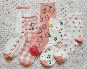Kawaii Ichigo Fruit and Floral Crew Socks