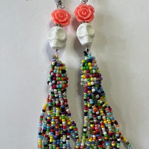 Charming Day of the dead Sugar Skull Earrings on  Sterling Silver Hooks Super long 5”