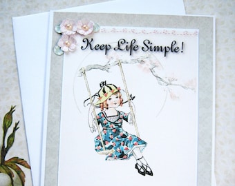 Handmade Keep Life Simple Quote Card, Thinking of you card, Vintage clipart, Pink flowers embellished with pearls