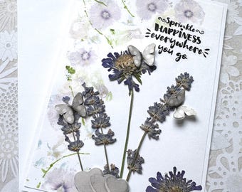 Inspirational Quote Card, Sprinkle Happiness, Handmade Pressed Flower Design