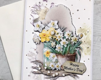 Pretty Daffodils Happy Mother's Day Card, Cards for her, Mom Card, Stepmom Cards, Embellished with pearls