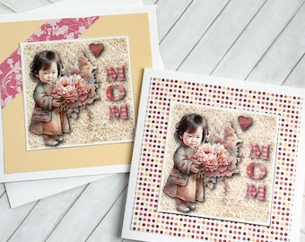 Sweet Asian Girl Mom Card, Mom Birthday Card, Mom Card from daughter, Mother's Day Card, Asian Girl with bouquet