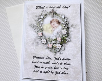 Baby Christening Card, Baptism Card, Religious Cards, Religious Events, Vintage Baby, Floral Wreath, Embellished Cross