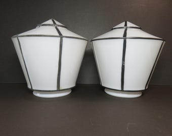 Vintage Pair Art Deco White Milk Glass Light Shades-Pagoda Pendant-Hanging-Ceiling w/ Black Lines