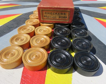 Vintage Set of Wood Checkers- Horn H545- Games- Made in USA- 1930's- Original Box