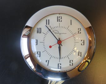 Vintage - E. Ingraham Co.- Electric Wall Clock- Bristol, CT-1950&#39;s-Sleek Round Chrome Edge