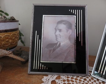 Vintage Art Deco Reverse Painted Picture Frame- Black & Silver Tabletop/Easel Back- Portrait