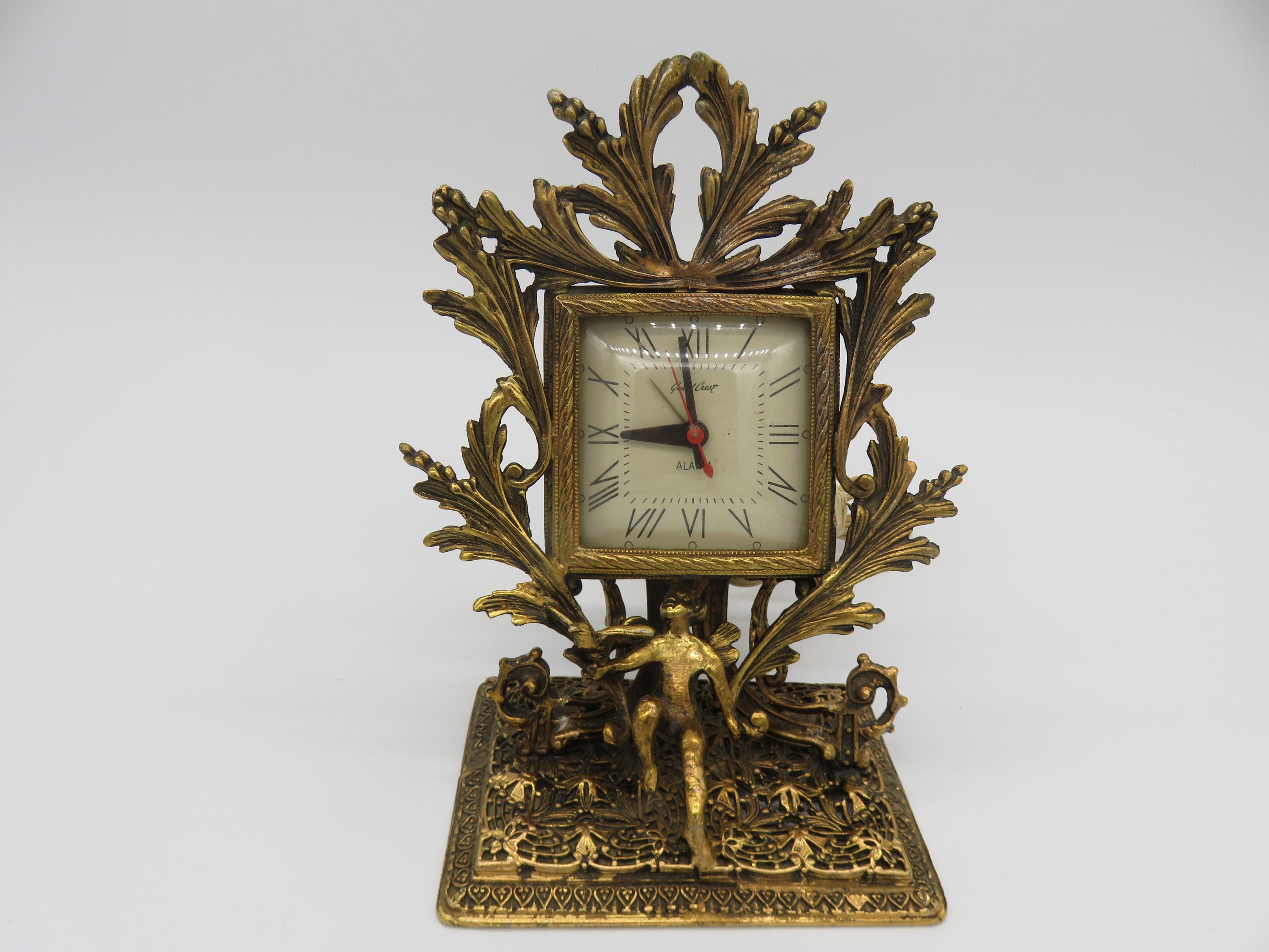 Fabulous Vanity Alarm Clock- Gold Ornate w/ Cherub- Guild Crest Electric- Rococo, Hollywood Regency