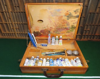 Vintage Anco Bilt Wood Artist Travel Box w/ Palette, Paints, Cups, Knives & Brushes