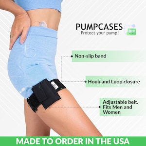 May include: A black insulin pump case with a hook and loop closure, a non-slip band, and an adjustable belt. The case is worn on the upper thigh. The text "PUMPCASES Protect your pump!" is visible in the image.