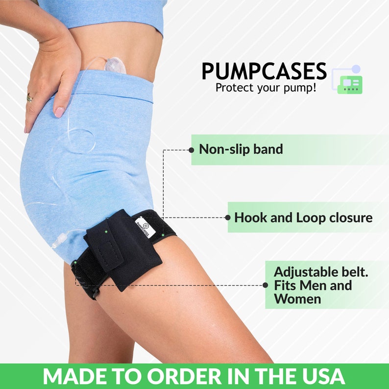 May include: A black insulin pump case with a hook and loop closure, a non-slip band, and an adjustable belt. The case is worn on the upper thigh. The text "PUMPCASES Protect your pump!" is visible in the image.