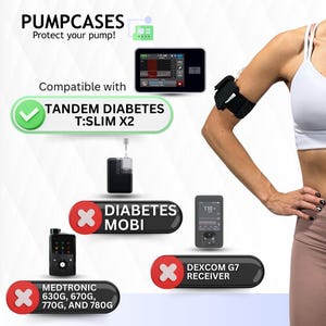 May include: A white and black insulin pump case with a red X mark. The case is compatible with Tandem Diabetes T:Slim X2, Medtronic 630G, 670G, 770G, and 780G, Diabetes Mobi, and Dexcom G7 Receiver.