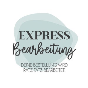 Könnte beinhalten: Eine hellblaue und weiße Grafik mit dem Text "EXPRESS Bearbeitung" und "DEINE BESTELLUNG WIRD RATZ FATS BEARBEITET!"