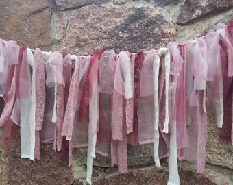 Garland rag tie banner burlap lace fabric banner pink rustic wedding photo prop  baby girl shower fabric strips tie rag backdrop pink white