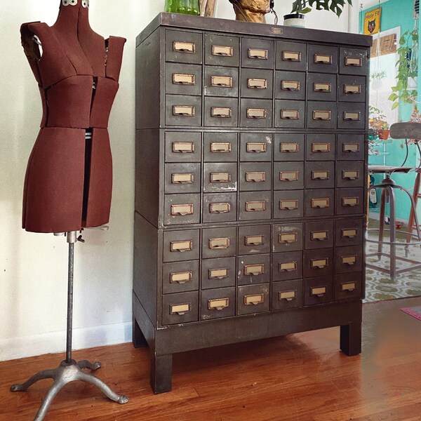 2 of 2 Vintage 52 drawer card file cabinet industrial storage cabinet GF ALLSTEEL General Fireproofing Co. metal organizer parts cabinet