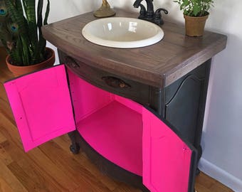 SOLD.....example of previous work. Bathroom vanity with sink and faucet handmade oak top  antique gray hot pink vibrant