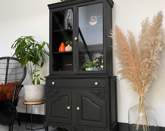 Vintage display cabinet china cabinet black and leopard print