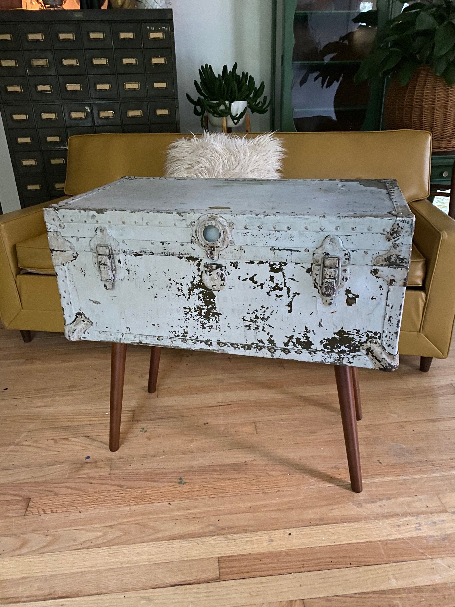 Pink Interior Military Trunk Chest Footlocker Mid Century Modern Legs