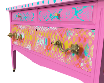 Hand painted antique dresser snake, snakeskin, brass cobra handles 3 drawer wood antique dresser