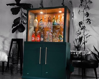 Lighted MCM wood bar cabinet liquor cabinet painted green glass sliding doors dry bar china cabinet storage display cabinet