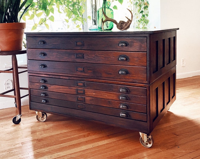 antique-flat-file-cabinet-on-caster-wheels-art-storage-mapping-cabinet