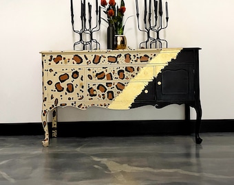 SOLD Hand painted leopard print,  gold leaf, and black buffet credenza antique solid wood queen anne legs