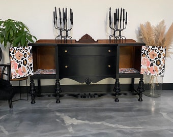 Antique buffet Jacobean black and natural large buffet leopard print wallpaper lined drawers and door bow front