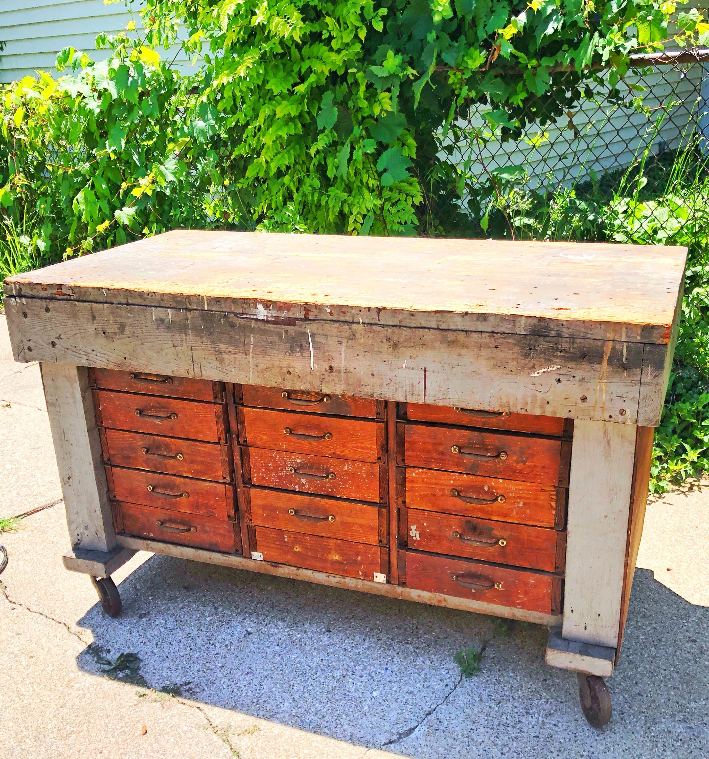 Vintage industrial heavy duty work station kitchen island storage garage storage workbench craft table