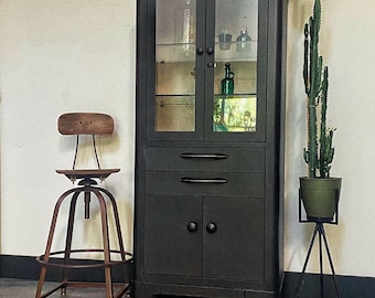 Vintage metal medical cabinet by Hamilton black and taupe
