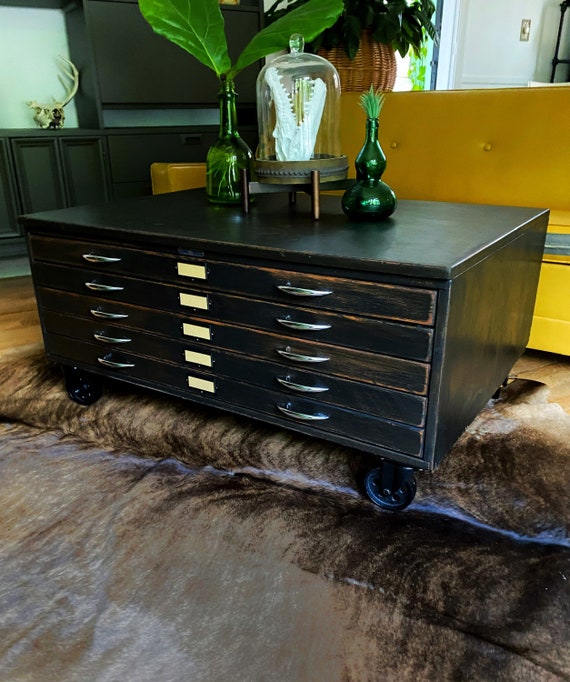 Vintage Black Flat File 5 Drawer Coffee Table With Etsy