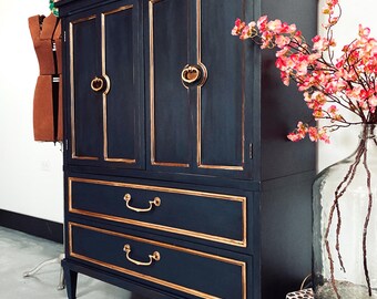 blue and yellow dresser Available.. Vintage Armoire Dark With Floral Wallpaper Drawrers Gold Accents Storage Cabinet Lais Ribbed Dress in navy and wood dresser Inspired by Art Deco Color:Cheeta Print 50s Dresses