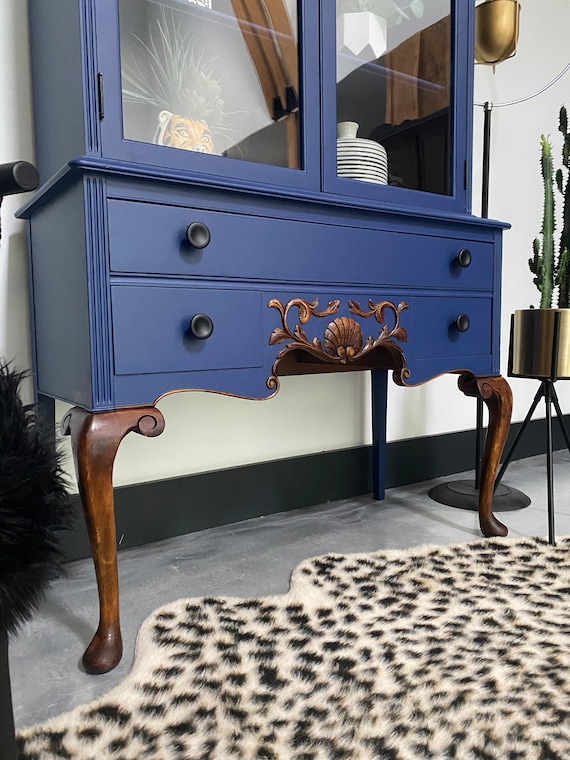 Hand Painted Vibrant Blue China Cabinet Storage Display by