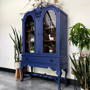 Antique arched china cabinet display cabinet solid wood vibrant blue by Lammerts furniture walnut cabinet blue china cabinet