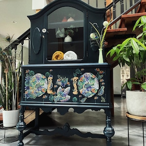 Available.. Antique peacock Jacobean botanical tropical blue peacock storage china cabinet painted furniture