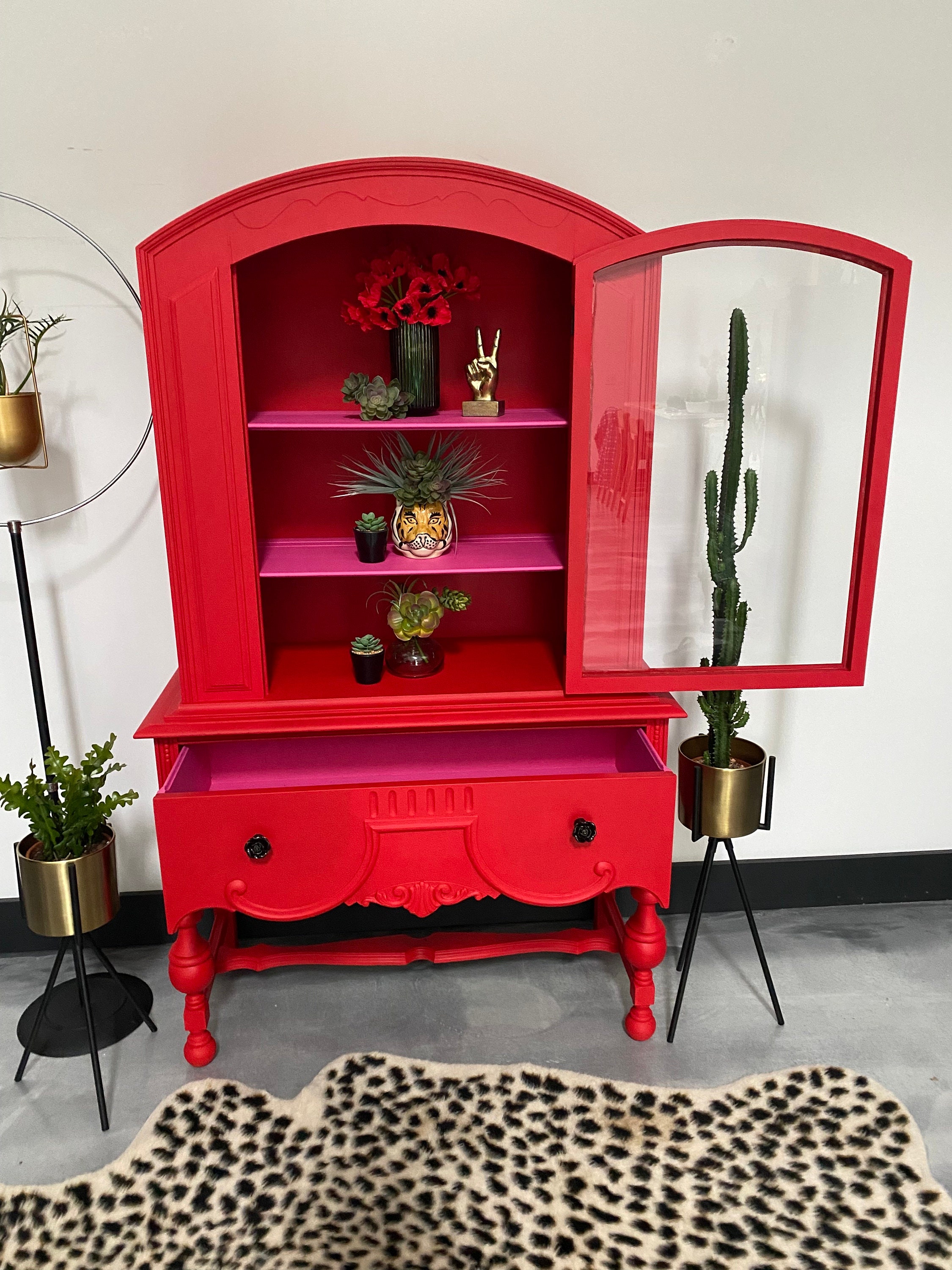 Bright Red Painted China Cabinet Pink Drawer and Shelves Jacobean Cabinet Furniture Neon Hand Painted Rose Knobs Etsy