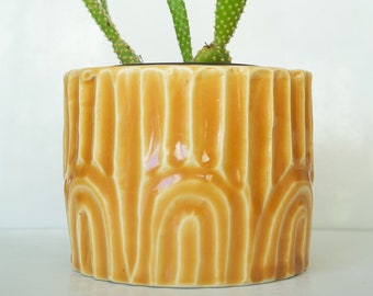 Handmade Carved Ceramic Plant Pot: Orange Glaze, Boho Decor